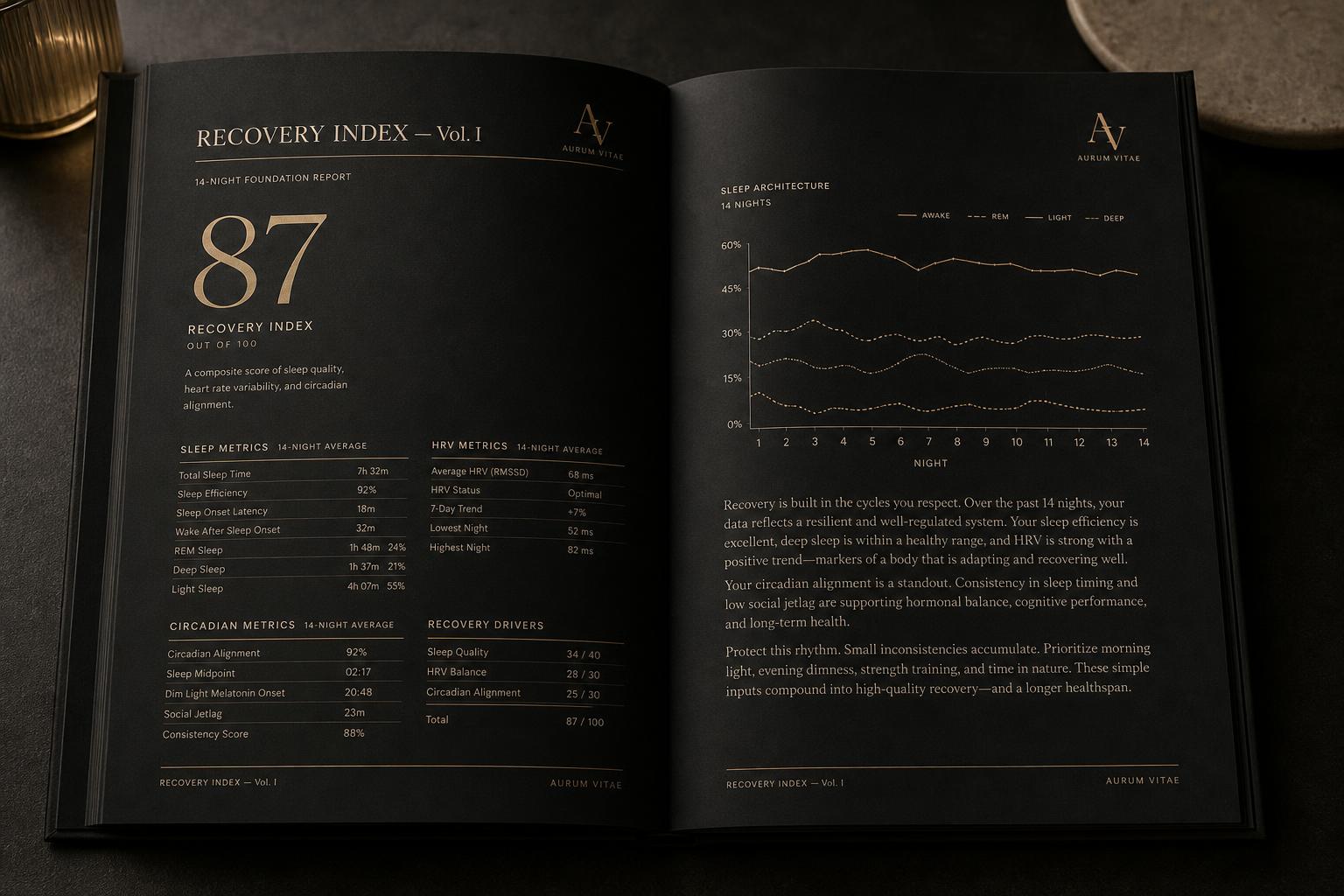 An open Aurum Vitae Recovery Index report — composite score, sleep architecture, and HRV metrics